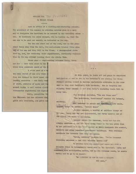 Moe Howard's 18pp. Outline Dated October 1938 for The Three Stooges Film ''Saved by the Belle'' -- With Numerous Annotations in Moe's Hand Throughout -- Very Good Condition